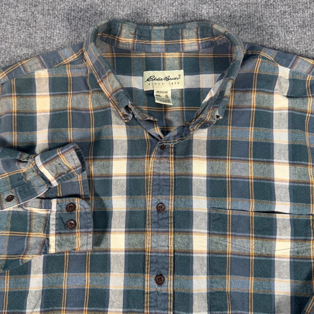 Eddie Bauer Mens XL Plaid Button Down Shirt Blue Green Cotton Long Sleeve #4214